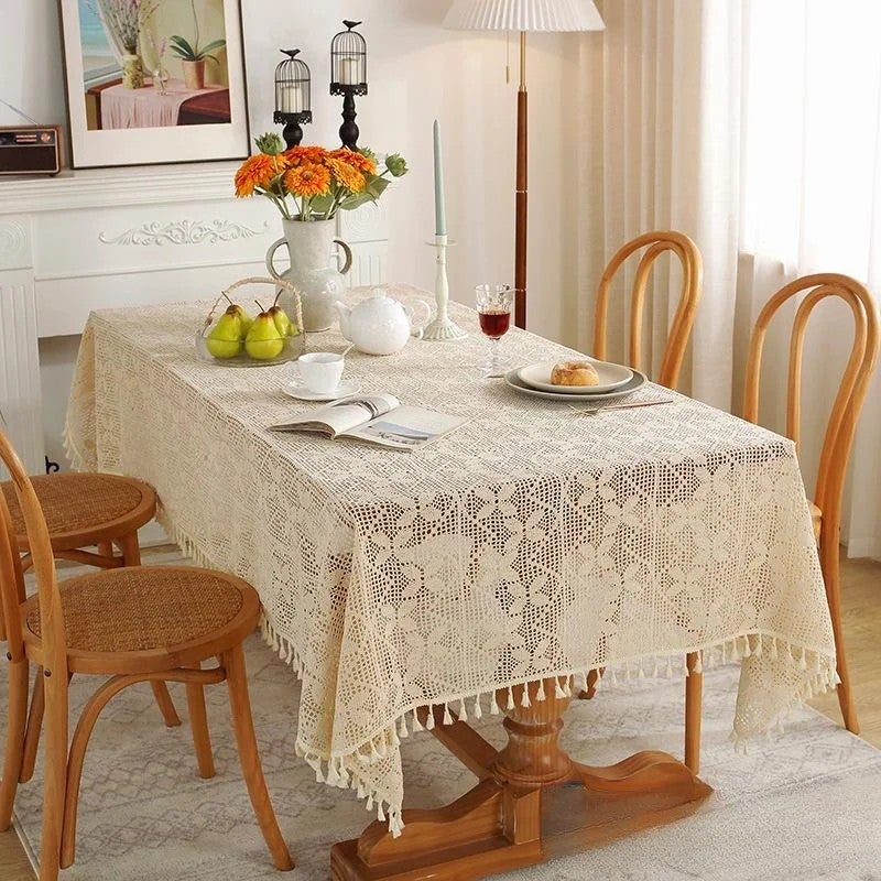 Bluejw American Pastoral Style Handmade Beige white Cotton Crochet Lace Tassel Hollowed Out Tablecloth home decoration table cover pad - Image 1